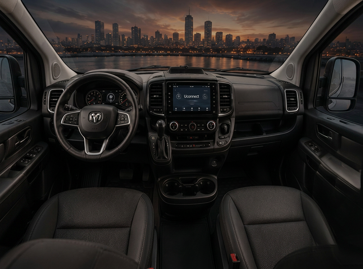Салон RAM ProMaster: панель приборов, руль и передние сиденья